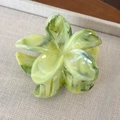 Dettaglio della molletta per capelli a fiori di frangipane marmorizzato verde e bianco - Verde Iridescente