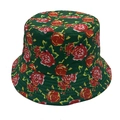 Close-up of a dark green bucket hat featuring traditional red floral peony patterns - Adult / Green