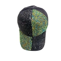 Detailed view of checkerboard rhinestone pattern on black baseball cap brim - Green Multi-color
