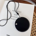 Portable round black faux leather hat clip accessory with white stitching and lanyard - Black Style (25882C)
