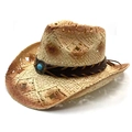 Western straw cowboy hat with turquoise bead and breathable woven hollow pattern - Adult / Beige