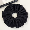 Elegant large black pleated scrunchie with silky texture and fine accordion folds - Black
