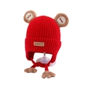 Detail of red knitted winter hat for kids with bear ears and warm fleece lining - 45-52cm / Red