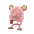 Pink knit baby winter hat with cute brown bear ears and warm fleece lining - 45-52cm / Pink