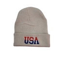 Detail of USA embroidery on thick oatmeal winter knit beanie for men and women - Beige