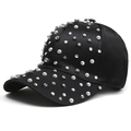 Fashionable black satin baseball cap for women with sparkling rhinestones and white pearls - 55-58cm / Black