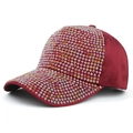 Deep red velvet baseball cap decorated with colorful rhinestones and curved brim - 55-58cm / Burgundy