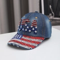 Denim baseball cap featuring USA rhinestone flag pattern and star studs in dark blue finish - Navy Blue Letter Style