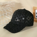 Berretto da baseball in pizzo nero con decorazioni di perle e ricamo floreale traforato - Nero