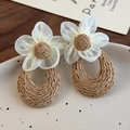 Bohemian style drop earrings with white floral petals and straw woven teardrop pendant - Coffee (26583B)