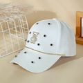 White baseball cap with pearl bear pendant and rhinestone chain details in jacquard fabric - White