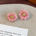 Elegant pink floral stud earrings with golden stamens and retro woven texture design - Pink 3D Floral Style (26661B)