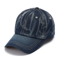 Vintage Unisex Baseballkappe aus gewaschenem Denim in Marineblau mit gelben Kontrastnähten - Einheitsgröße / Gewaschenes Dunkelblau (Distressed) (Stil 2)