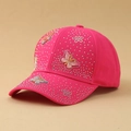Fashionable hot pink baseball cap featuring rhinestone butterfly patterns and 3D applique - One Size / Pink