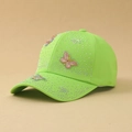 Close-up of neon green baseball cap with white rhinestones and 3D colorful butterflies - One Size / Turquoise Green