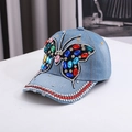 Blue denim baseball cap with rhinestone butterfly and decorated brim for sun protection - One Size / Light Blue
