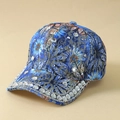 Glinsterende marineblauwe honkbalpet met bloemenpatroon van kant en strasstenen - Eén maat / Blauw
