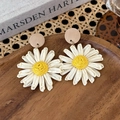 Bohemian daisy style woven raffia earrings with yellow core and round wood stud base - Wooden Round Daisy Woven (25781)