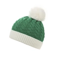 Winter gebreide muts voor kinderen in bosgroen en wit met dik kabelpatroon en een pompon - Kinderen (36-42CM) / Wit + Groen