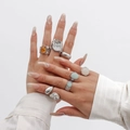 Irregular silver alloy rings set with amber and green stones for women - Silver Tone Ring Set Three