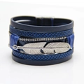 Multilayer blue leather wrap bracelet with silver feather charm and magnetic clasp - Blue