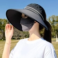 Women's UV protection black wide brim sun visor hat with dark gray breathable face mask - M (56-58cm) / Black
