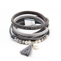 Bracciale boho multistrato in pelle con perline di cristallo grigio, perle e nappe - Grigio