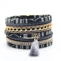 Bohemian multilayer wrap bracelet with grey tassels, geometric webbing, and crystals - Gray