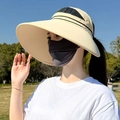 Women's beige wide brim sun hat and dark grey face mask for outdoor UV protection - M (56-58cm) / Khaki