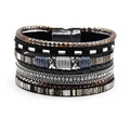 Bohemian multi-layer braided leather bracelet with magnetic clasp and crystal rhinestones - Black