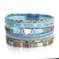 Bohemian multilayer sky blue leather wrap bracelet with silver X-shaped magnetic clasp - Light Blue