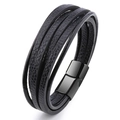 Bracelet multicouche en cuir PU noir pour homme avec fermoir magnétique noir mat - Cuir Noir Boucle Noire