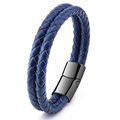 Bracciale doppio in pelle intrecciata blu navy con chiusura magnetica in metallo nero - Blu