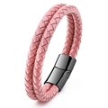 Close-up of pink braided leather double-layer bracelet with black magnetic clasp - Pink