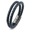 Double-strand braided leather bracelet with a black magnetic stainless steel clasp - Navy Blue