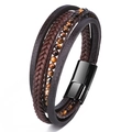 Bracciale multistrato da uomo in pelle con pietre occhio di tigre e chiusura magnetica - Marrone