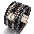 Bohemian multilayer leather wrap bracelet with baroque pearl and sparkling rhinestones - Black