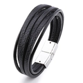 Bracelet multicouche en cuir noir pour homme avec fermoir magnétique en métal argenté - Cuir Noir Fermoir Argenté