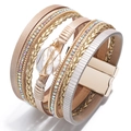 Bohemian multilayer braided bracelet with baroque pearl and magnetic gold clasp - Khaki
