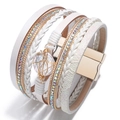Multilayer wrap bracelet with white leather, woven ropes, crystals and baroque pearl - White