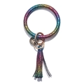 Rainbow gradient PU leather circle keychain bracelet with tassel and golden spring ring - Iridescent