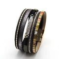 Bracelet bohème multicouche en cuir tressé avec fermoir magnétique et strass - Noir