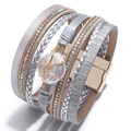 Bohemian multilayer silver woven leather bracelet with shell pearl and magnetic clasp - Silver