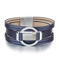 Blue glitter layered leather wrap bracelet with silver circular alloy ring and magnetic clasp - Blue