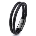 Bracciale in pelle intrecciata nera a doppio strato da uomo con chiusura magnetica opaca - Pelle Nera Fibbia Nera