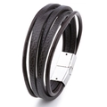 Bracelet multicouche en cuir PU marron foncé pour homme avec fermoir magnétique argenté - Cuir Brun Fermoir Argenté