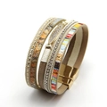 Multilayer bohemian wrap bracelet with rhinestone leaf charms and magnetic clasp - Khaki
