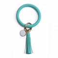 Détail du bracelet porte-clés en cuir PU turquoise avec gland et anneau en métal doré - Rose bonbon