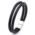 Bracciale a doppio strato in pelle intrecciata nera con chiusura magnetica in argento lucido - Pelle Nera Chiusura Argentata