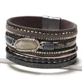 Bracciale multistrato bohémien in pelle con cristalli e fibbia magnetica grigio e marrone - Grigio